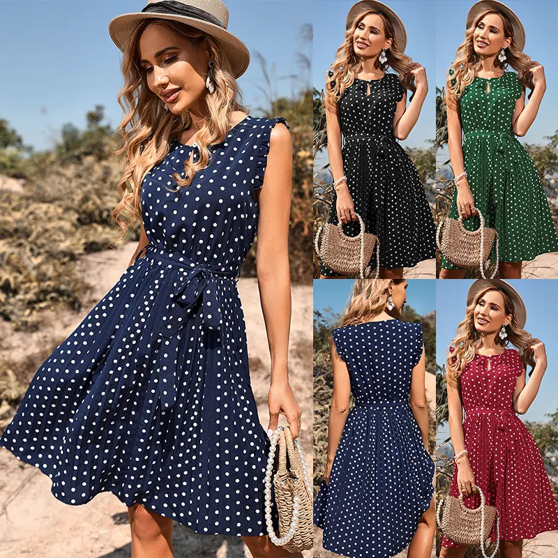 New Design Vestidos Clothing Summer Women Elegant Sleeveless Pleated Casual Polka Dot Dress