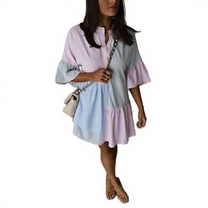 Color Blocked Striped Ruffle Sleeve <b>Loose</b> Mini <b>Dress</b> Casual Summer Women's Cotton Shirt <b>Dress</b> With Collared Neck And Ruffle Hem - Product Image 3