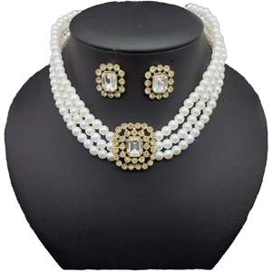 Multi-Layer Pearl Rhinestone <b>Studded</b> Gold Plated Alloy Necklace <b>Earrings</b> Set Collarbone <b>Chain</b> Party Wedding Gift Trendy Elegance - Product Image 1