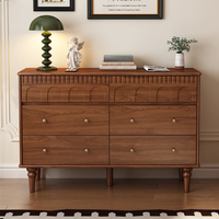 Commode en bois rétro à 6 tiroirs, style mid-century modern, avec garniture en aluminium, meuble de rangement pour salon et chambre, avec détails découpés
