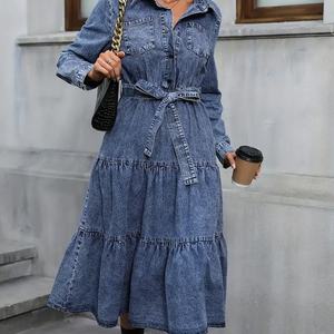 Vestido Midi Vaquero Lavado con Cinturón, Solapa y Volantes en Capas, Personalizado para Mujer - Product Image 3