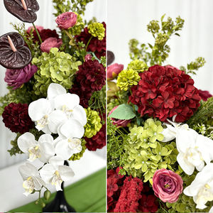 Bouquet de fleurs artificielles en soie rouge et verte, style jardin champêtre réaliste, centre de table pour mariage en extérieur - Product Image 4