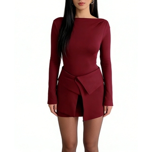 Conjunto de 2 Piezas para Mujer: Blusa de Manga Larga con Cuello Barco y Falda Asimétrica con Botones - Estilo Casual para Oficina - Product Image 6