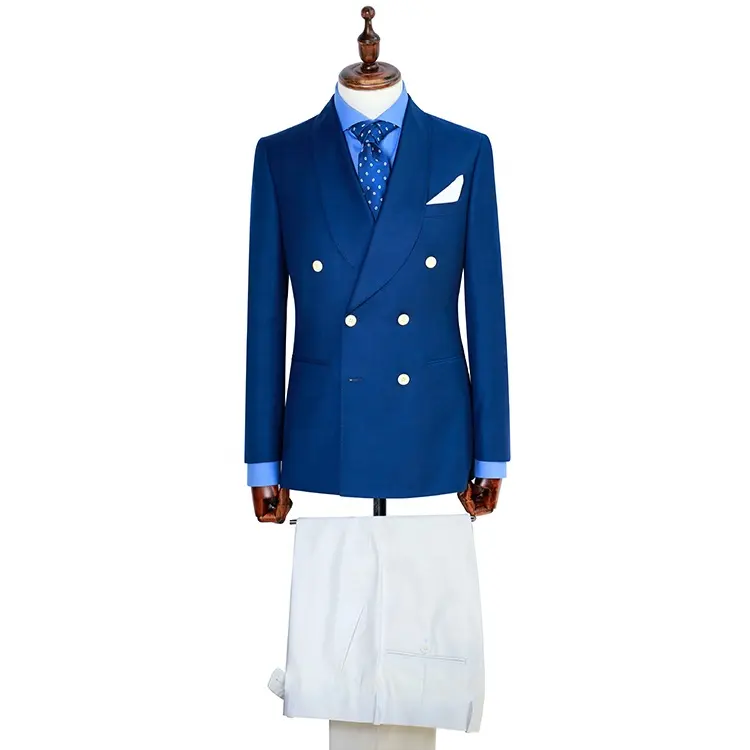 Abito slim doppiopetto di ultimo design per uomo abiti da sarto su misura personalizzati blazer e pantalone da uomo in tessuto di lana blu navy