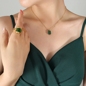 18K Gold Plated Stainless Steel Minimalist Style Green <b>Glass</b> Stone Pendant Necklace for Women Gift - Product Image 3
