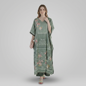 Robe Kaftan Longue en Soie Polyéthylène pour Femme, Robe Maxi Ample et Modeste avec Plumes, Idéale pour l'Été, l'Hiver, l'Automne et le Printemps - Product Image 1