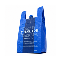 Sacs gilet en PEHD bleu cobalt personnalisés, imprimés, recyclables, imperméables, avec poignées latérales, et sacs de courses en plastique blancs avec message « Merci, Bonne Journée »