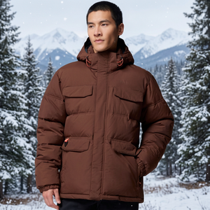 Men's Brown Hooded Puffer Jacket Windproof <b>Thick</b> Polyester <b>Winter</b> <b>Coat</b> With Stand Collar And Multiple Pockets Casual Style - Product Image 4