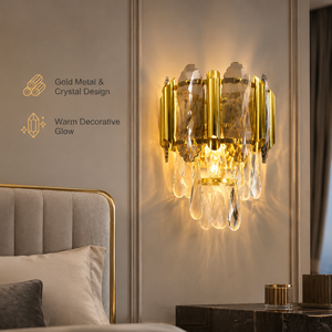 Applique murale dorée de luxe, décorative pour chambre et couloir, blanc chaud, E12, deux lumières, design métal et cristal - Product Image 2