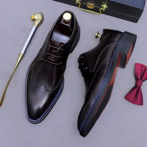 2025 Cowhide Mens Genuine Leather Shoes Office Career Breathable Patchwork <b>Pointed</b> Flat Lightweight Anti-Slip Lace-Up Rubber - Product Image 3