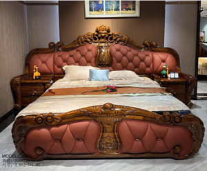 Cama Matrimonial King Size de Lujo Clásico Europeo para Dormitorio de Villa, de Madera Maciza y Cuero Genuino con Almacenamiento y Enchufe - Product Image 3