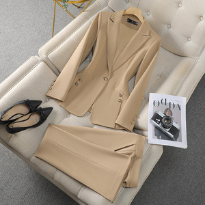 Khaki Women's Suit Set Solid Color Polyester Wool <b>Blend</b> No-Wrinkle Treatment Casual Wear - Product Image 1