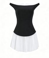 Robe mini plissée en mousseline de soie, coupe ajustée, style décontracté vintage Y2K, épaules dénudées, en polyester mat, patchwork, personnalisable, vente en gros, OEM