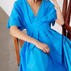Gran oferta de verano <span class=keywords><strong>en</strong></span> estilo francés hermoso vestido azul con cuello <span class=keywords><strong>en</strong></span> V manga sin espalda Socialite - Product Image 2