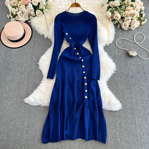 <span class=keywords><strong>Abito</strong></span> da donna <span class=keywords><strong>abito</strong></span> da donna con bottoni dorati e spacchi laterali in maglia Slim a maniche lunghe <span class=keywords><strong>abito</strong></span> Midi abiti eleganti da donna - Product Image 1