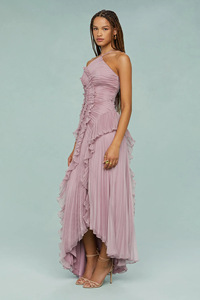 Abito lungo <span class=keywords><strong>da</strong></span> <span class=keywords><strong>donna</strong></span> in chiffon plissettato con scollo all'americana, orlo asimmetrico con volant, abito <span class=keywords><strong>da</strong></span> sera fluido ed elegante - Product Image 2