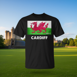 T-shirt Cardiff Wales nera unisex per adulti, taglia media, design con bandiera del drago - Product Image 2