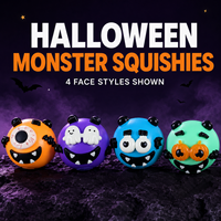 Collection de jouets à presser en silicone souple à montée lente, thème monstres d'Halloween, vente en gros, 4 styles de visages présentés