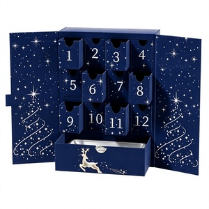 Custom Navy Blue 12 Days <b>Christmas</b> Advent Calendar <b>Box</b> with Drawers Rigid Cardboard Silver Foil Blind <b>Box</b> Mystery Packaging <b>Box</b> - Product Image 1