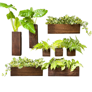 Plantes succulentes artificielles mélangées dans une jardinière rectangulaire suspendue moderne - Boîte à plantes en bois sculpté à la main de couleur marron - Product Image 1