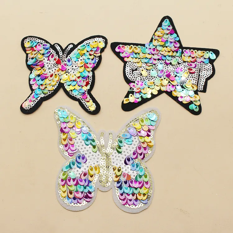 Custom wholesale colorful sequin butterfly star embroidered iron patches for clothing