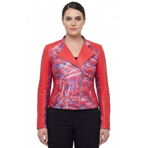 Blouson Moto Asymétrique Coupe Slim en Peau de Mouton Imprimé Floral Rouge pour Femme, Coupe-Vent et Écologique, Vente en Gros - Product Image 1