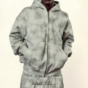 Custom Breathable Cotton Dirty Washed Zip Up Hoodie Hip Hop Design Men's <b>Rhinestone</b> Hood <b>Jacket</b> Wholesale - Product Image 1