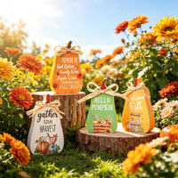 Lot de 4 centres de table en bois en forme de citrouille avec slogans d'automne et nœuds en raphia. pour les fêtes de Thanksgiving, les dîners de la récolte et la décoration saisonnière