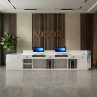 Bureau d'accueil minimaliste haut de gamme, corps blanc, logo rétroéclairé par LED, aménagement personnalisable pour agence de design, boutique, salon, hôtel, clinique