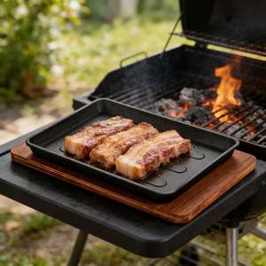 Wajan Panggang Besi Cor Persegi Battle Axe untuk Steak Teppanyaki, BBQ Bergaris, Gaya Korea Jepang, Mudah Dibersihkan - Product Image 4