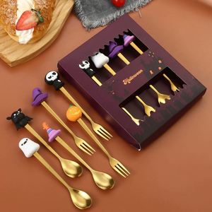 Cuchara de té y café personalizada para decoración de Halloween, juego de cubiertos de acero inoxidable 304/410, cuchara y tenedor dorados - Product Image 3