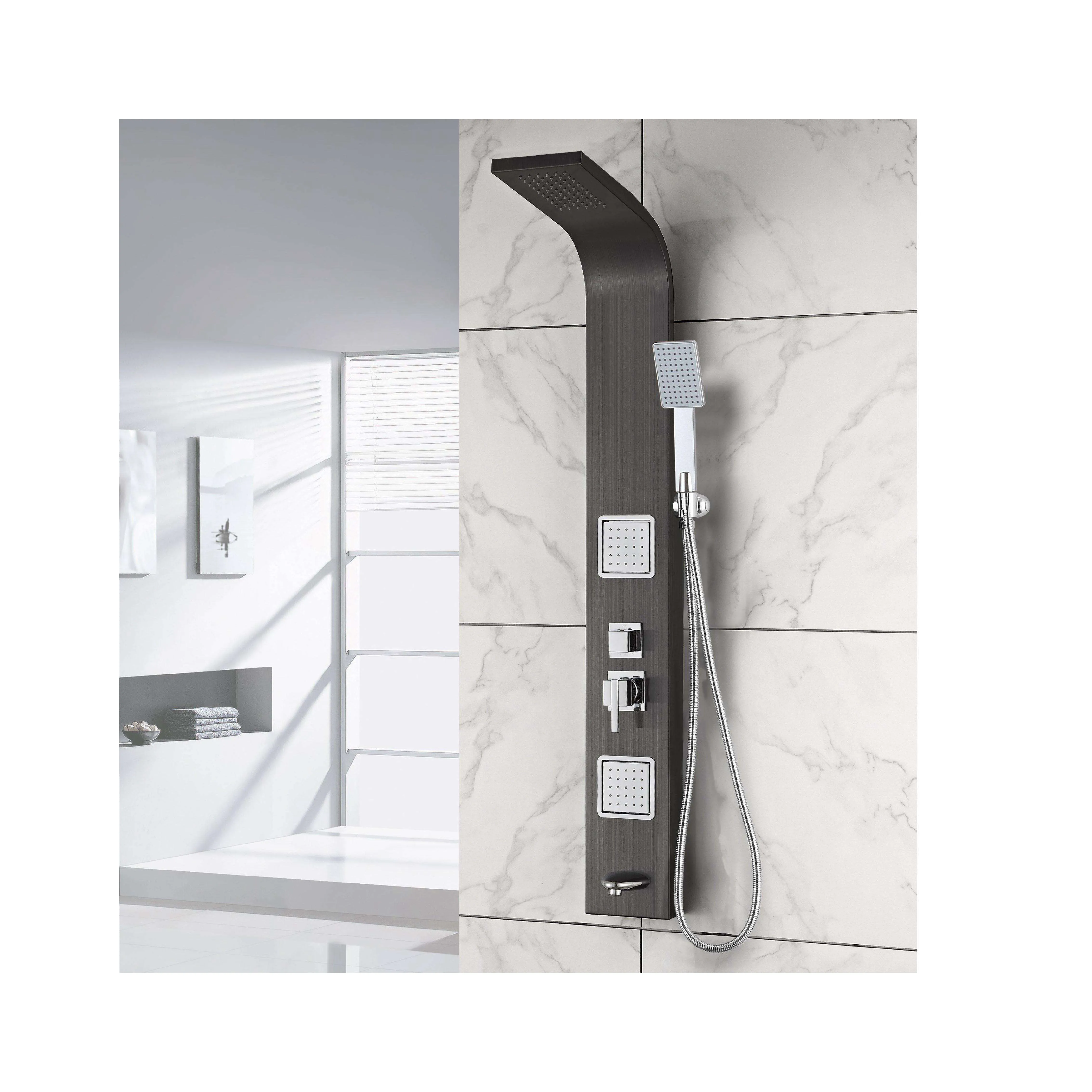 Hotaqi low-key chaste spazzolato nero titanio doccia pannello massaggiante parete con uscita acqua inferiore