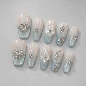 Ongles à presser effet dégradé œil de chat, transparents, avec fleurs et strass, courts, forme stiletto, extension d'ongles printemps-été - Product Image 6