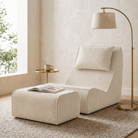Chaise longue inclinable en velours côtelé ivoire à une place avec ottoman, ensemble compact pour salon et petit appartement