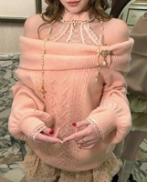 Pull en tricot à épaules dénudées avec nœud - Détail élégant en chaîne de perles, coupe douce et confortable pour la mode automne-hiver