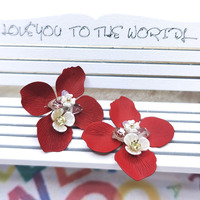 Boucles d'oreilles créoles en forme de fleur artificielle rouge, cadeau pour femme, plaqué or, bijoux tendance