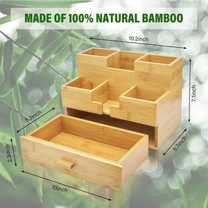 Bamboo Desktop <b>Storage</b> <b>Box</b> 3 Layer Compartmentalized Office Organizer With <b>Drawer</b> For Stationery And Supplies - Product Image 2