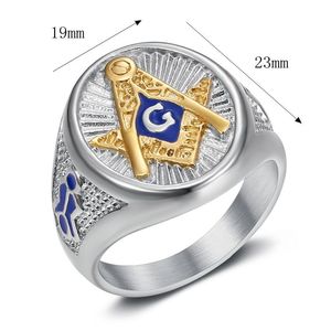 Freemason Men's <b>Ring</b> <b>Titanium</b> Steel Gold Plated Blue Inlay Geometric Design Gift Jewelry - Product Image 5