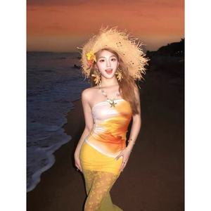 Conjunto de 1 Pieza para Mujer, Top sin Tirantes con Estampado Floral, Falda Brasileña de Tul con Encaje, Traje de Playa Elástico de Poliéster/Algodón, Asimétrico con Perlas - Product Image 1