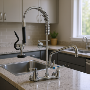 Grifo de Cocina de 25 Pulgadas de Altura, Montado en la Pared, con Doble Manija y Rociador Extraíble, Latón Pulido Cromado, Estilo Industrial Contemporáneo - Product Image 2