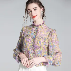 Blus sutra motif bunga wanita, blus elegan musim gugur 2023 untuk wanita