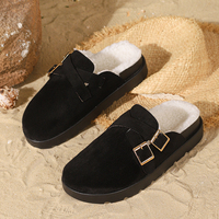 Nouvelles pantoufles d'intérieur pour femmes, mode automne-hiver, bout rond, noires, en velours épais, chaudes, à semelle épaisse, mules à enfiler, pantoufles décontractées
