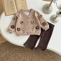 Ensemble de vêtements pour bébé fille, style bohème, cardigan en tricot avec pantalon en velours côtelé marron, beige neutre, pull orné de fleurs 3D