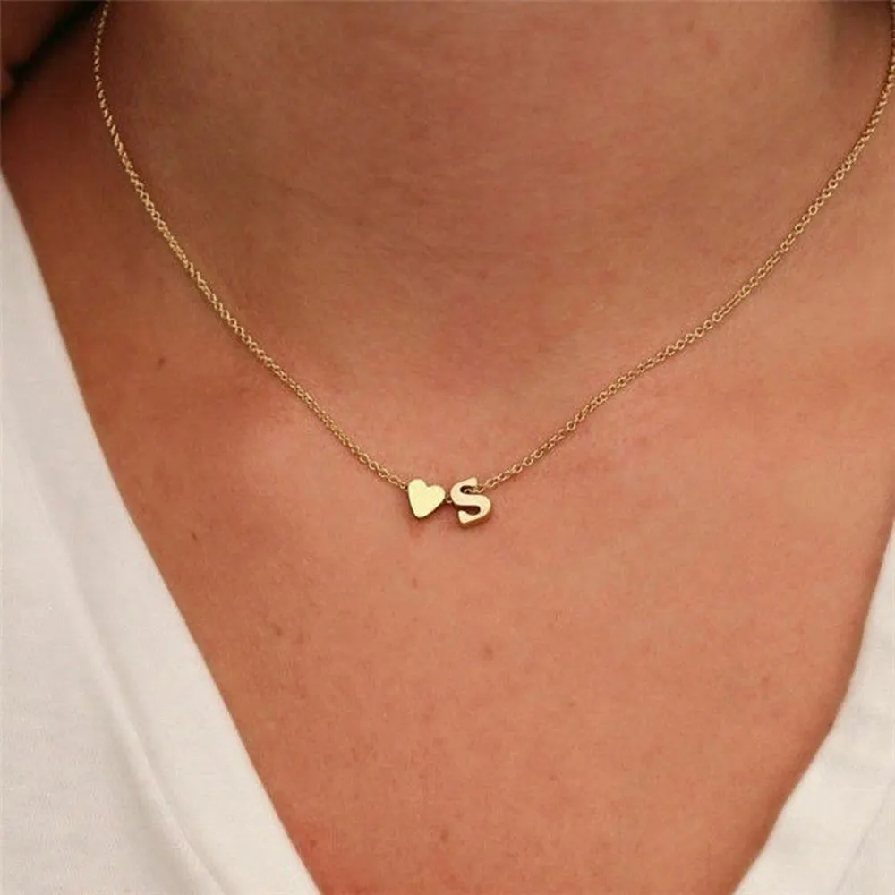 Dainty Stainless Steel Gold Heart Choker Necklace 26 Alphabet Letter Name Choker Initial Necklace with heart