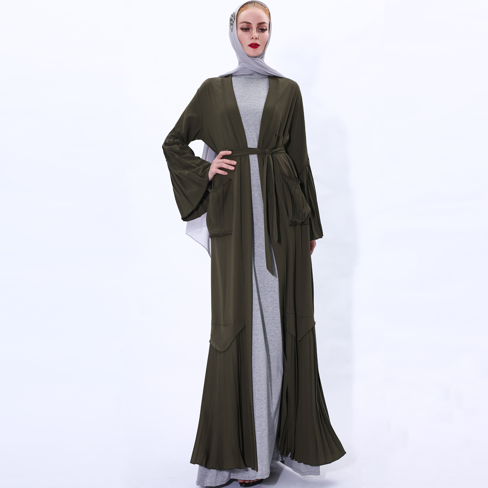 Muslim Women Abaya Dress Long Sleeve Robe Cardigan with belt Design Trumpet pleated Sleeve Lady Long Sleeve Maxi Dress 91225