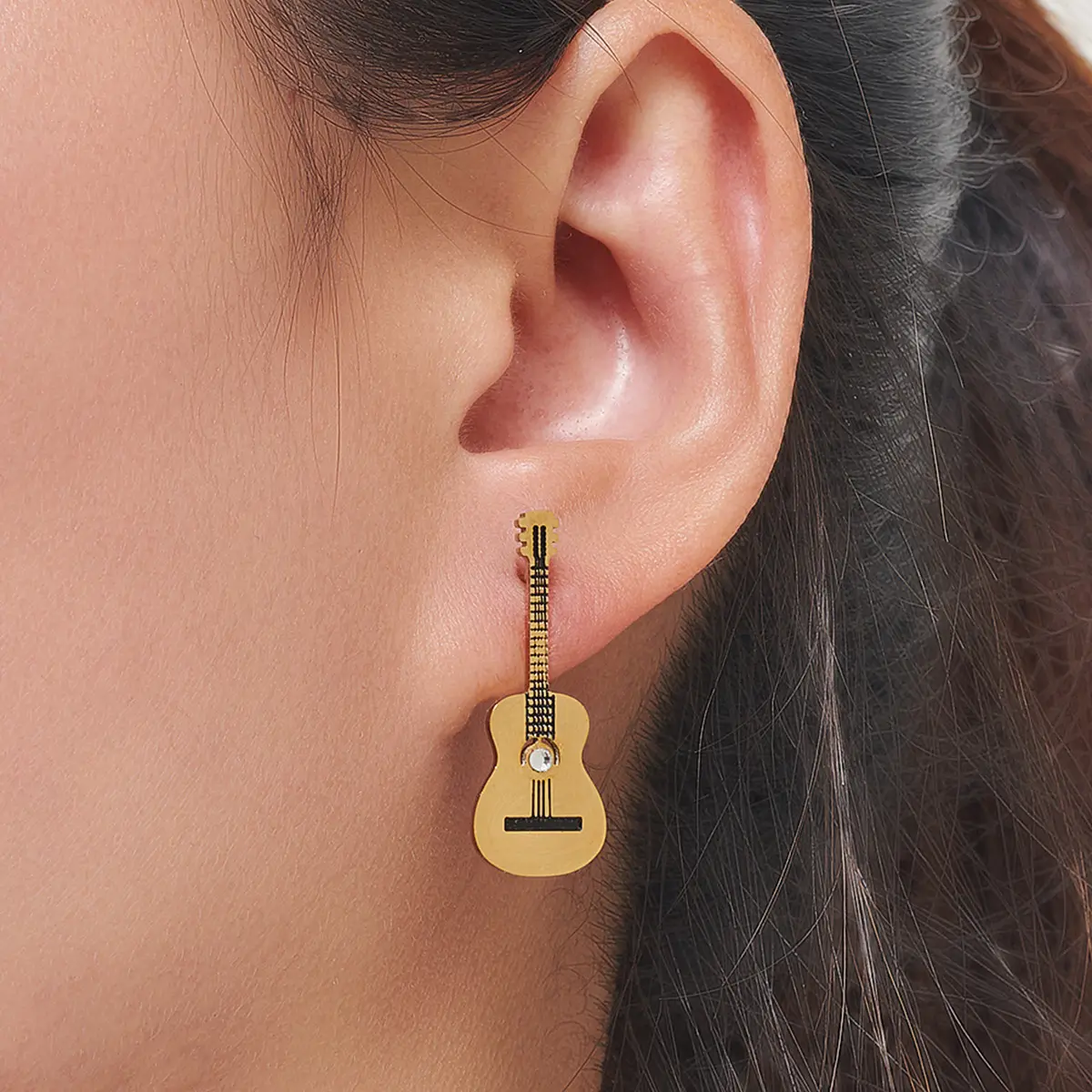 New Hip Hop Music Mini Earring PVD 18K Gold Plated 316L Stainless Steel Rhinestone Inlay Guitar Stud Earring