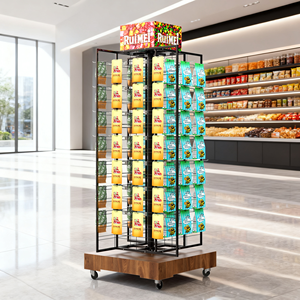 Soporte de exhibición de panel de rejilla de metal de 4 lados de gran capacidad con base de madera y rueda móvil - Product Image 1