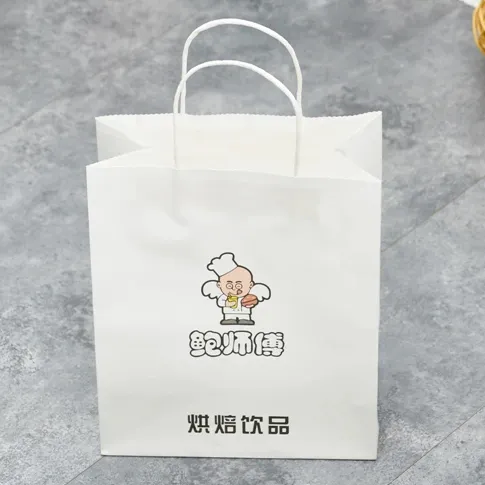 Customizable Factory White Brown Recyclable Paper Bags with Handles for Takeaway Food Packaging Features Your Own Logo