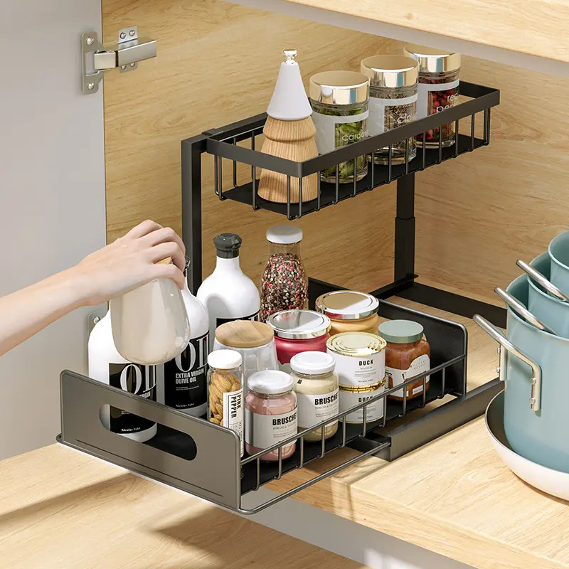 Organizador De Cocina Kitchen Organizer Sink Shelf 2-Tier Stackable Under Sink Cabinet Organizer With Sliding Storage Drawer