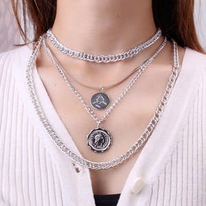 Collar de cadena gruesa dorada de varias capas con colgante de moneda, conjunto de joyería de moda hip hop para mujer - Product Image 2